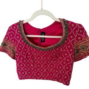 Rakha Rabani Fuchsia Embellished Blouse – Hand Beaded Indian Crop Top / Saree